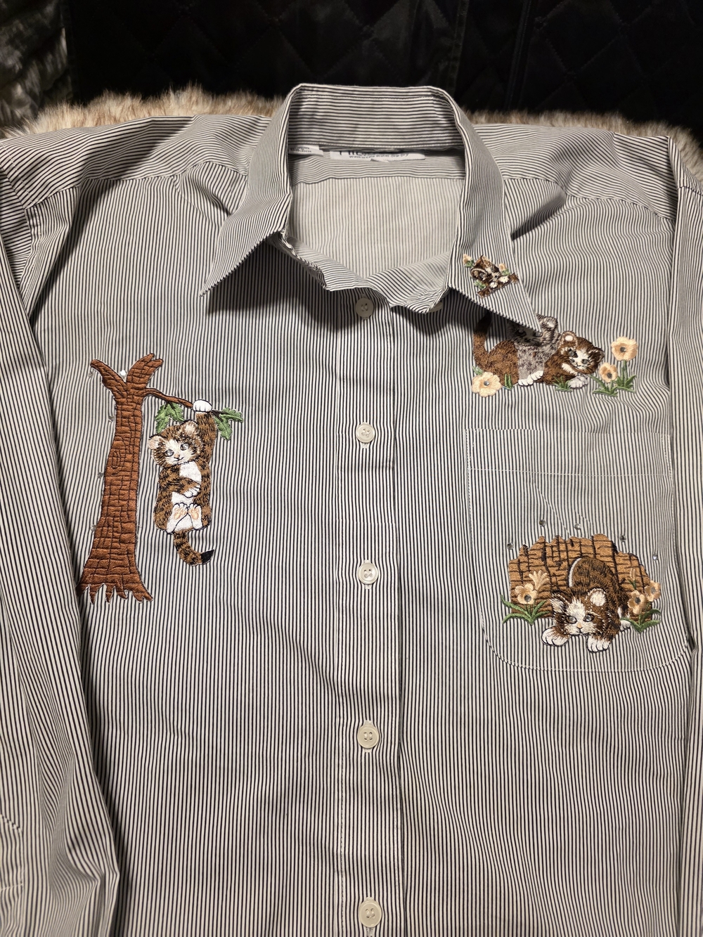 Unisex Gray Pinstripe Dress Shirt with Embroidered Animal Motifs